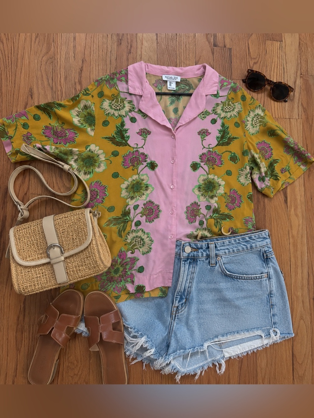 Rachel Zoe Floral Button Front Blouse Pink Mustard Short Sleeve Top Women’s L